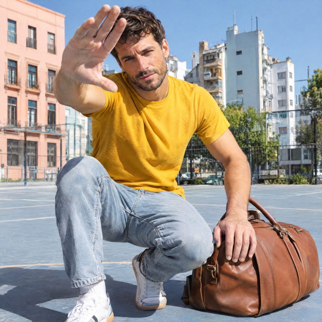 Hombre con bolso de viaje de cuero en una cancha urbana