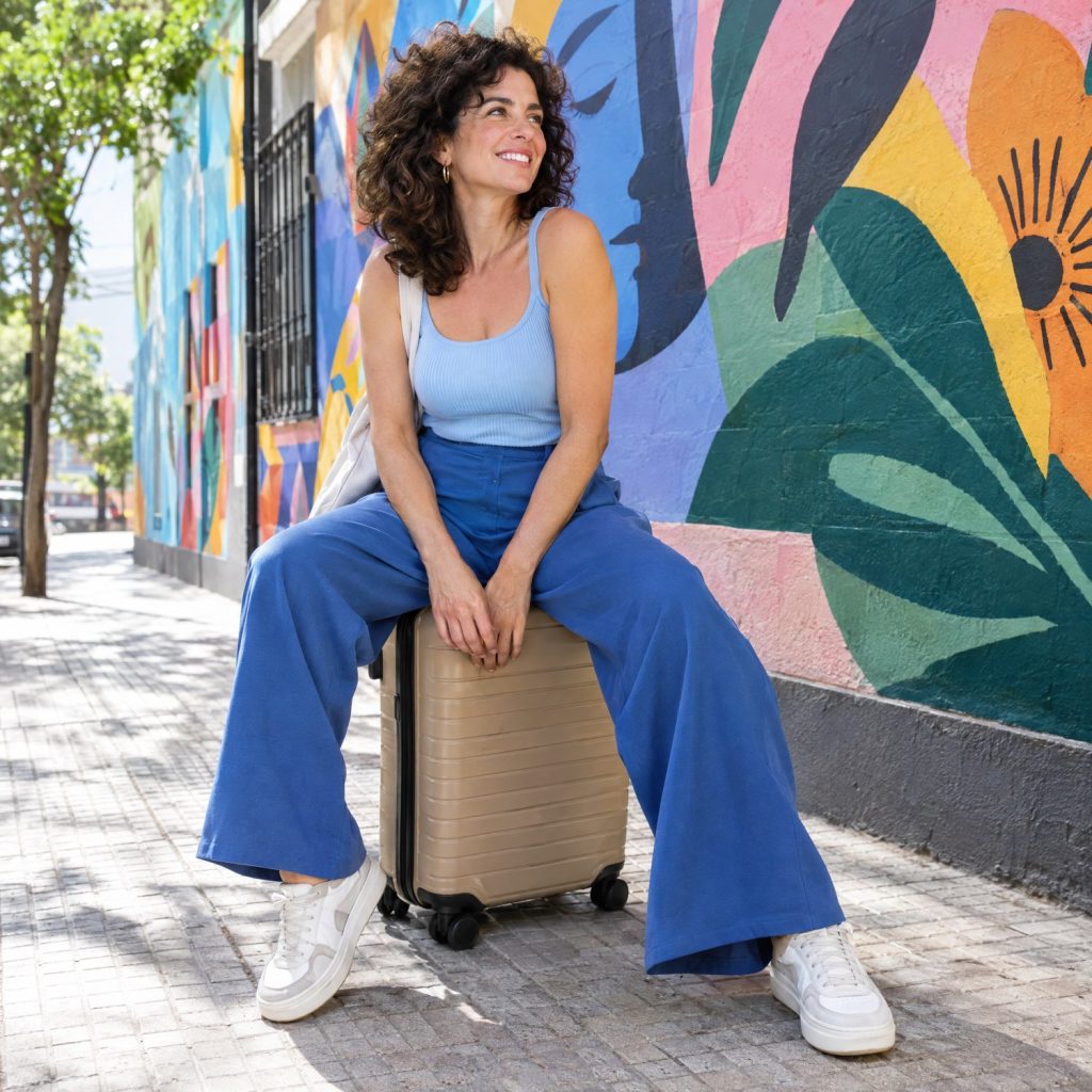 Mujer sentada sobre una valija de cabina frente a un mural