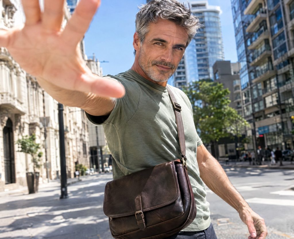 Hombre con morral de cuero