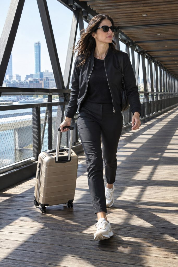 Mujer caminando con valija de cabina