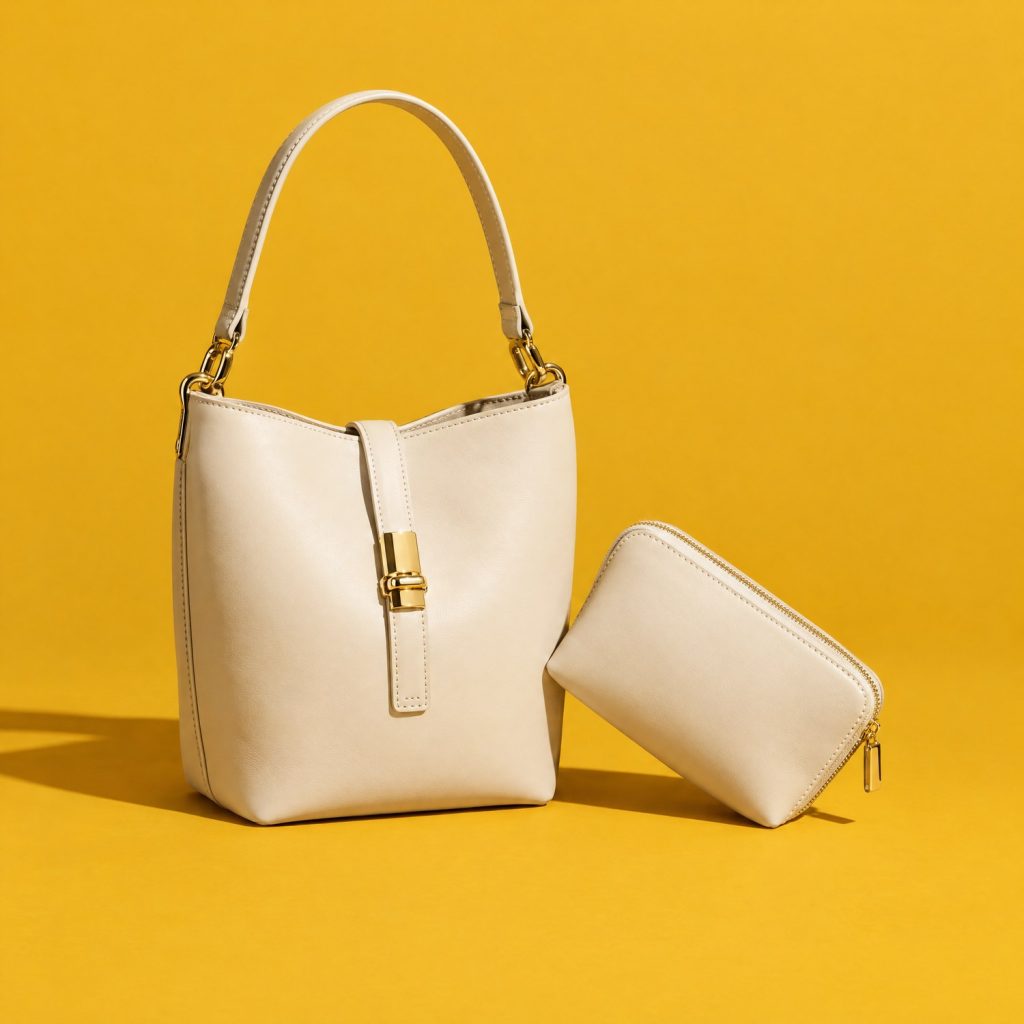 Cartera y neceser de cuero color crema