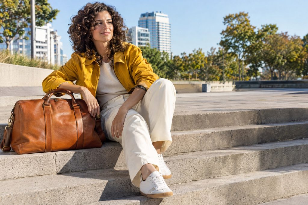 Mujer con bolso de viaje de cuero